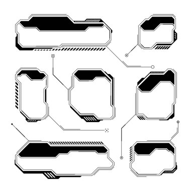 Siyah fütüristik HUD ya da UI elementleri. Bilim kurgu kullanıcı arayüzü mesaj kutuları, çağrılar. Uyarı ileti çerçeveleri, bilgi kutuları şablonu. Modern oyun arayüzü düzeni dijital stilde. Vektör illüstrasyonu.