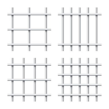 Beyaz arka planda izole edilmiş çeşitli parlak metal parmaklıklar. Gerçekçi detaylı hapishane kafesi, demir parmaklıklar. Sabıka kaydı. Vektör illüstrasyonu.
