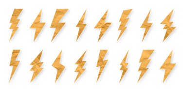 Yıldırım, buruşmuş kağıt dokusu, karton. Flaş sembolü, yıldırım. Basit yıldırım çarpması işareti. Vektör illüstrasyonu.