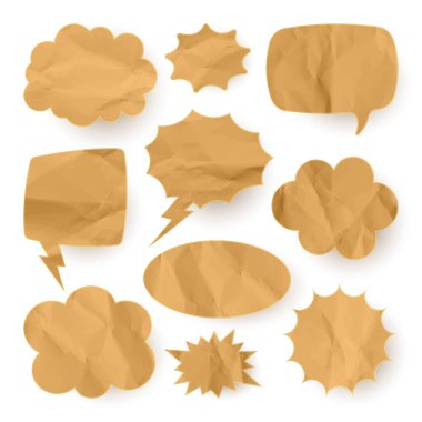 Buruşuk kağıt komik konuşma baloncukları. El çizimi eski çizgi film çıkartmaları. Pop sanat tarzı. Karton desenli eski, klasik diyalog kutuları. Vektör illüstrasyonu.