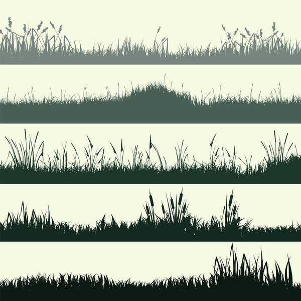 Meadow silhouettes with grass, plants on plain. Panoramic summer lawn landscape with herbs, various weeds. Herbal border, frame element. Green horizontal banners. Vector illustration.