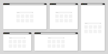 Sekme, araç çubuğu ve arama alanı olan boş web tarayıcı penceresi. Modern web sitesi, düz stil internet sayfası. Bilgisayar, tablet ve akıllı telefon için tarayıcı modeli. Vektör illüstrasyonu.