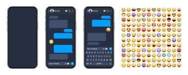Akıllı telefon mesaj uygulaması, emoji ile kullanıcı arayüzü. SMS metin çerçevesi. Sohbet ekranı, mavi mesaj baloncukları. İletişim için mesaj uygulaması. Sosyal medya uygulaması. Karanlık mod. Vektör illüstrasyonu.
