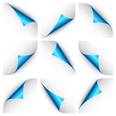 Mavi kağıt bukleleri. Gölgeli kıvrımlı sayfa köşesi. Boş bir kağıt parçası. Renkli parlak folyo. Reklam ve tanıtım için tasarım elemanı. Vektör illüstrasyonu