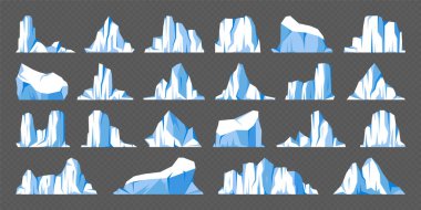 Yüzen buzdağları koleksiyonu. Sürüklenen kutup buzulu, donmuş okyanus suyu bloğu. Karlı buzlu dağlar. Eriyen buz zirvesi. Antarktika karlı manzarası. Güney ve Kuzey Kutbu. Vektör illüstrasyonu