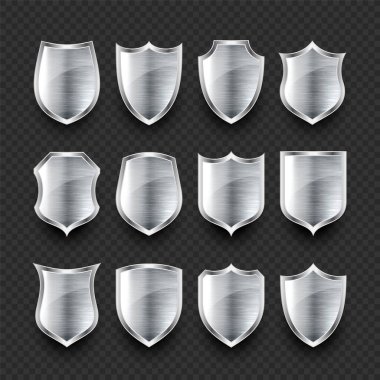 Çeşitli klasik 3D metal kalkan simgeleri seti. Parlak çelik hanedan kalkanları. Siyah koruma ve güvenlik sembolü, etiket. Vektör illüstrasyonu.