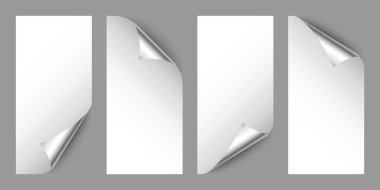 Gümüş kağıt bukleler. Gölgeli kıvrımlı sayfa köşesi. Boş bir kağıt parçası. Renkli parlak folyo. Reklam ve tanıtım için tasarım elemanı. Vektör illüstrasyonu