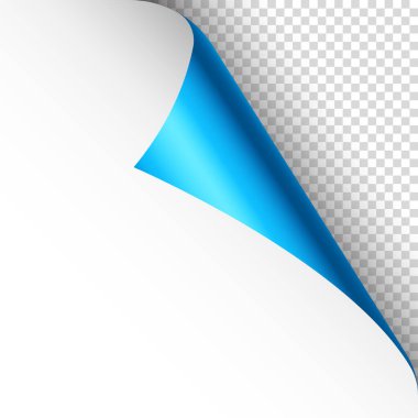 Mavi kağıt kıvrımlı. Gölgeli kıvrımlı sayfa köşesi. Boş bir kağıt parçası. Renkli parlak folyo. Reklam ve tanıtım için tasarım elemanı. Vektör illüstrasyonu