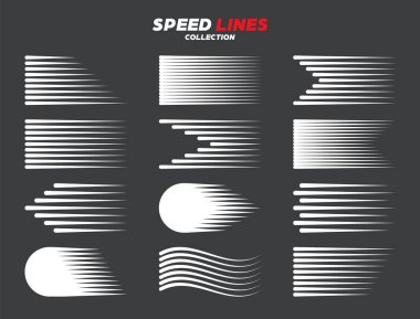 Beyaz çizgi film ya da yuvarlak köşeli komik hız çizgileri. Hareket etkisinde basit bir çizgi. Çizgi roman tasarım elemanı. Vektör koleksiyonu.