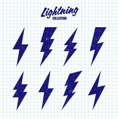 Damalı kağıt üzerinde grunge desenli el çizimi yıldırım simgeleri. Klasik flaş sembolü, yıldırım. Basit yıldırım çarpması işareti. Vektör illüstrasyonu.