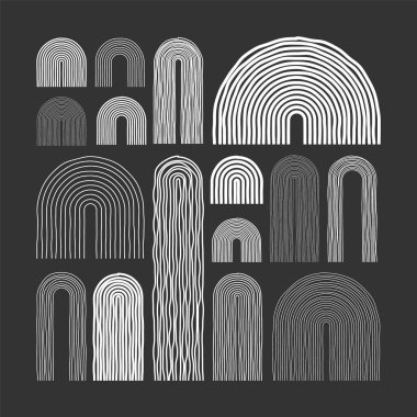 Orta çağ elementleri, modern geometrik şekiller. Çağdaş tasarım, minimalist sanat. El çizgileri. Duvar dekorasyonu, posterler, kitaplar ve kapaklar için moda tasarım öğeleri. Vektör illüstrasyonu.