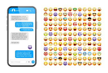 Akıllı telefon mesajlaşma uygulaması, emoji ile kullanıcı arayüzü tasarımı. SMS metin çerçevesi. Mavi mesaj baloncuklu sohbet ekranı. İletişim için mesaj uygulaması. Sosyal medya uygulaması. Vektör illüstrasyonu.