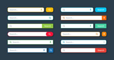 Renkli arama çubuğu şablonları. Arama kutusu, adres çubuğu ve metin alanı olan internet tarayıcı motoru. Kullanıcı tasarımı, web arayüzü ögesi web simgeleri ve düğmeye basın. Vektör illüstrasyonu.