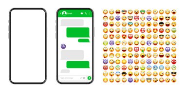 Akıllı telefon mesajlaşma uygulaması, emoji ile kullanıcı arayüzü tasarımı. SMS metin çerçevesi. Yeşil mesaj baloncuklu sohbet ekranı. İletişim için mesaj uygulaması. Sosyal medya uygulaması. Vektör illüstrasyonu.