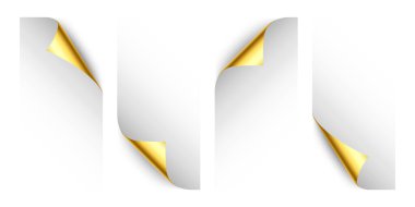 Altın sarısı bukleler. Gölgeli kıvrımlı sayfa köşesi. Boş bir kağıt parçası. Renkli parlak folyo. Reklam ve tanıtım için tasarım elemanı. Vektör illüstrasyonu