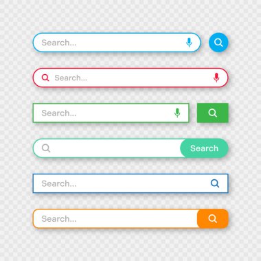 Renkli arama çubuğu şablonları. Arama kutusu, adres çubuğu ve metin alanı olan internet tarayıcı motoru. Kullanıcı tasarımı, web arayüzü ögesi web simgeleri ve düğmeye basın. Vektör illüstrasyonu.
