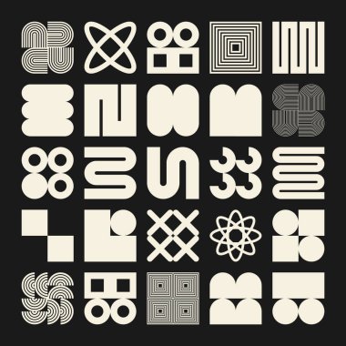 Acımasız geometrik şekiller, semboller. Basit ilkel elementler ve formlar. Bauhaus retro tasarımı, modaya uygun çağdaş minimalist tarzı. Vektör illüstrasyonu.