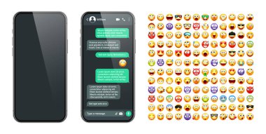 Akıllı telefon mesaj uygulaması, emoji ile kullanıcı arayüzü. SMS metin çerçevesi. Sohbet ekranı, yeşil mesaj baloncukları. İletişim için mesaj uygulaması. Sosyal medya uygulaması. Karanlık mod. Vektör illüstrasyonu.