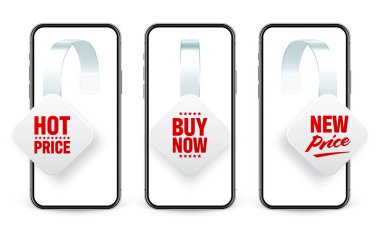 Süpermarket tanıtımları ve akıllı telefonlar. Rafların reklamını yapmak için gerçekçi yalpalayıcı. Reklam metniyle indirimli veya indirimli etiket. Özel fiyat etiketi. İnternet, web mağazası konsepti. Vektör illüstrasyonu.