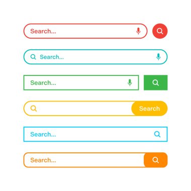 Renkli arama çubuğu şablonları. Arama kutusu, adres çubuğu ve metin alanı olan internet tarayıcı motoru. Kullanıcı tasarımı, web arayüzü ögesi web simgeleri ve düğmeye basın. Vektör illüstrasyonu.