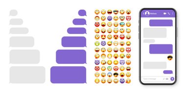 Akıllı telefon mesajlaşma uygulaması, emoji ile kullanıcı arayüzü tasarımı. SMS metin çerçevesi. Menekşe mesaj baloncuklarıyla sohbet ekranı. İletişim için mesaj uygulaması. Sosyal medya uygulaması. Vektör illüstrasyonu.