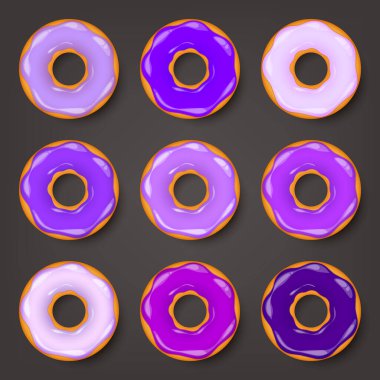 Donut, kremalı begel. Kurabiye, kek seti. Şekerli ve karamelli tatlı. Lezzetli bir kahvaltı. Kafeterya yemeği, atıştırmalık. Kahve dükkanı. Vektör illüstrasyonu.