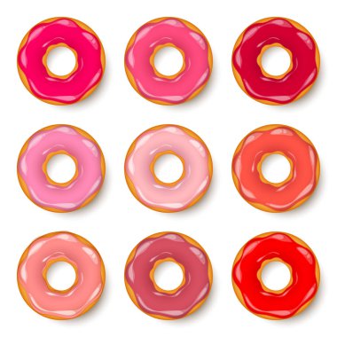 Donut, kremalı begel. Kurabiye, kek seti. Şekerli ve karamelli tatlı. Lezzetli bir kahvaltı. Kafeterya yemeği, atıştırmalık. Kahve dükkanı. Vektör illüstrasyonu.