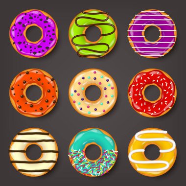 Donut, kremalı begel. Kurabiye, kek seti. Şekerli ve karamelli tatlı. Lezzetli bir kahvaltı. Kafeterya yemeği, atıştırmalık. Kahve dükkanı. Vektör illüstrasyonu.