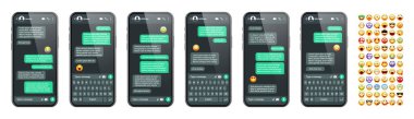 Akıllı telefon mesaj uygulaması, emoji ile kullanıcı arayüzü. SMS metin çerçevesi. Sohbet ekranı, yeşil mesaj baloncukları. İletişim için mesaj uygulaması. Sosyal medya uygulaması. Karanlık mod. Vektör illüstrasyonu.