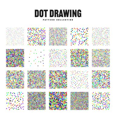 Kare şeklinde noktalı nesneler, klasik noktalı elementler. Noktalama, noktalama çizimi, noktalar kullanarak gölgeleme. Yarı ton etkisi. Renkli gürültü tanecikli doku, desen. Vektör illüstrasyonu