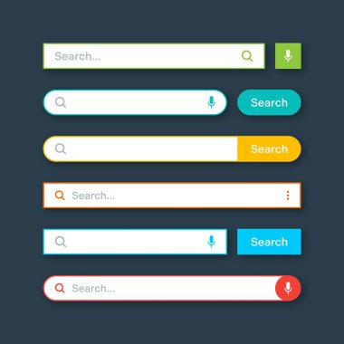 Renkli arama çubuğu şablonları. Arama kutusu, adres çubuğu ve metin alanı olan internet tarayıcı motoru. Kullanıcı tasarımı, web arayüzü ögesi web simgeleri ve düğmeye basın. Vektör illüstrasyonu.