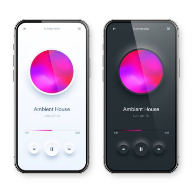 Çevrimiçi ses oynatıcı arayüzü, akıllı telefon uygulaması UI tasarımı. Müzik, medya yayını ve dinleme platformu. Tepkili mobil uygulama. Neumorphism, neumorphic style. Vektör illüstrasyonu