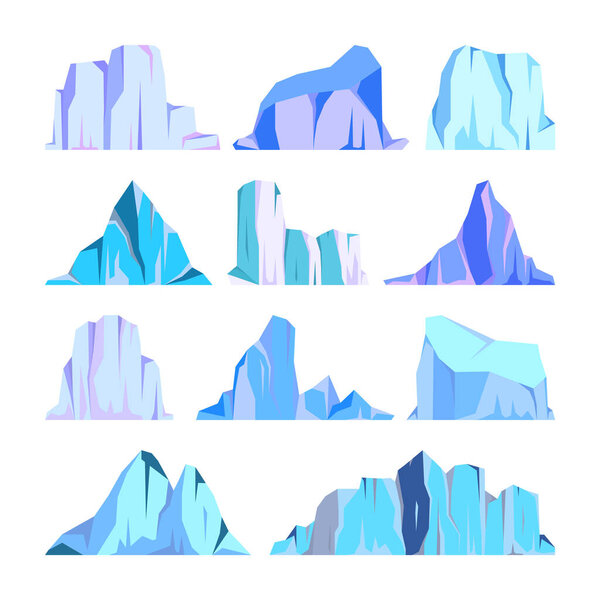 Floating icebergs collection. Drifting arctic glacier, block of frozen ocean water. Icy mountains with snow. Melting ice peak. Antarctic snowy landscape. South and North Pole. Vector illustration