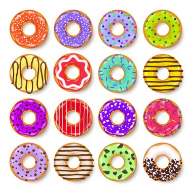 Donut, kremalı begel. Kurabiye, kek seti. Şekerli ve karamelli tatlı. Lezzetli bir kahvaltı. Kafeterya yemeği, atıştırmalık. Kahve dükkanı. Vektör illüstrasyonu.