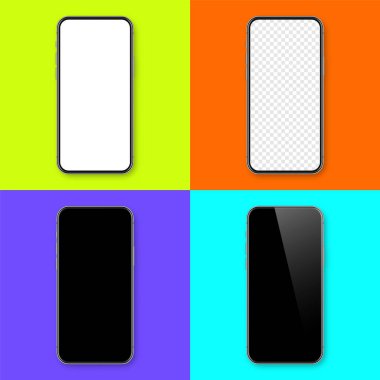 Renkli arka planda boş dokunmatik ekranlı gerçekçi bir akıllı telefon. Ön görüntüde çerçevesiz cep telefonu var. Yüksek kalite detaylı cihaz modeli. Vektör illüstrasyonu.