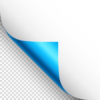 Mavi kağıt kıvrımlı. Gölgeli kıvrımlı sayfa köşesi. Boş bir kağıt parçası. Renkli parlak folyo. Reklam ve tanıtım için tasarım elemanı. Vektör illüstrasyonu