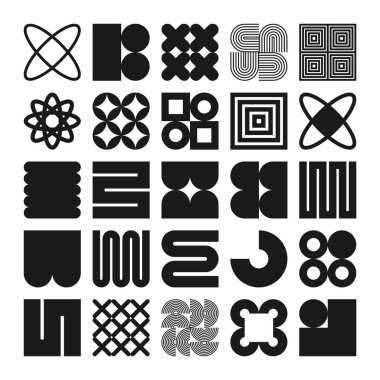 Acımasız geometrik şekiller, semboller. Basit ilkel elementler ve formlar. Bauhaus retro tasarımı, modaya uygun çağdaş minimalist tarzı. Vektör illüstrasyonu.