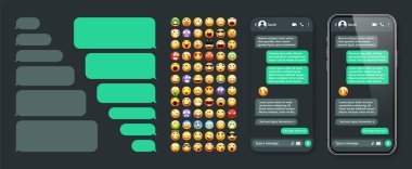 Akıllı telefon mesaj uygulaması, emoji ile kullanıcı arayüzü. SMS metin çerçevesi. Sohbet ekranı, yeşil mesaj baloncukları. İletişim için mesaj uygulaması. Sosyal medya uygulaması. Karanlık mod. Vektör illüstrasyonu.