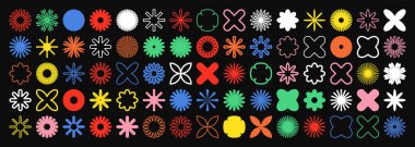 Acımasız geometrik şekiller, renkli semboller. Basit ilkel elementler ve formlar. Bauhaus retro tasarımı, modaya uygun çağdaş minimalist tarzı. Vektör illüstrasyonu.