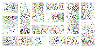 Piksel ayrışması, bozulma etkisi. Kare şekillerden oluşan çeşitli dikdörtgen elementler. Dağılmış noktalı desen. Basit parçacıkların mozaik dokusu. Renkli ses. Vektör illüstrasyonu.