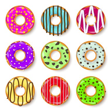 Donut, kremalı begel. Kurabiye, kek seti. Şekerli ve karamelli tatlı. Lezzetli bir kahvaltı. Kafeterya yemeği, atıştırmalık. Kahve dükkanı. Vektör illüstrasyonu.