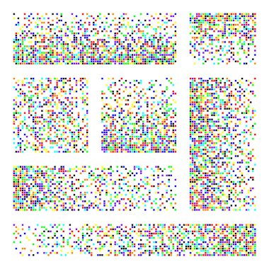 Piksel ayrışması, bozulma etkisi. Kare şekillerden oluşan çeşitli dikdörtgen elementler. Dağılmış noktalı desen. Basit parçacıkların mozaik dokusu. Renkli ses. Vektör illüstrasyonu.
