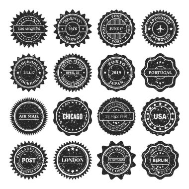 Pulları, etiketleri ve rozetleri postala. Grunge izleri ve posta izleri. Vintage Circle kartpostallı filigranlar. Kullanılmış zarf tasarım elemanları. Vektör illüstrasyonu.