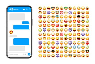 Akıllı telefon mesajlaşma uygulaması, emoji ile kullanıcı arayüzü tasarımı. SMS metin çerçevesi. Mavi mesaj baloncuklu sohbet ekranı. İletişim için mesaj uygulaması. Sosyal medya uygulaması. Vektör illüstrasyonu.