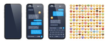 Akıllı telefon mesaj uygulaması, emoji ile kullanıcı arayüzü. SMS metin çerçevesi. Sohbet ekranı, mavi mesaj baloncukları. İletişim için mesaj uygulaması. Sosyal medya uygulaması. Karanlık mod. Vektör illüstrasyonu.