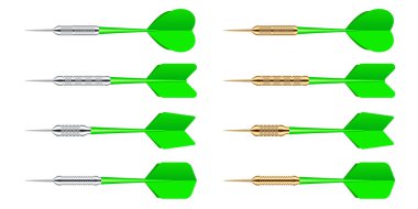 Metal uçlu yeşil oklar beyaz arka planda izole edilmiş. Dart atmaca, dart aletleri. Vektör illüstrasyonu.