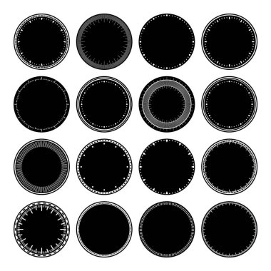 Mekanik saat yüzleri, bezel. Dakika ve saat işaretli yuvarlak arama. Zamanlayıcı ya da kronometre elemanı. Boş ölçüm çemberi ölçeği ve bölünmeler. Vektör illüstrasyonu