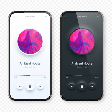 Çevrimiçi ses oynatıcı arayüzü, akıllı telefon uygulaması UI tasarımı. Müzik, medya yayını ve dinleme platformu. Tepkili mobil uygulama. Neumorphism, neumorphic style. Vektör illüstrasyonu