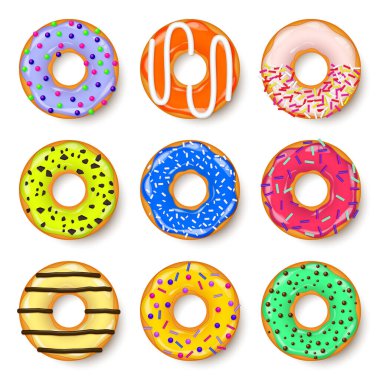 Donut, kremalı begel. Kurabiye, kek seti. Şekerli ve karamelli tatlı. Lezzetli bir kahvaltı. Kafeterya yemeği, atıştırmalık. Kahve dükkanı. Vektör illüstrasyonu.