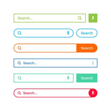 Renkli arama çubuğu şablonları. Arama kutusu, adres çubuğu ve metin alanı olan internet tarayıcı motoru. Kullanıcı tasarımı, web arayüzü ögesi web simgeleri ve düğmeye basın. Vektör illüstrasyonu.